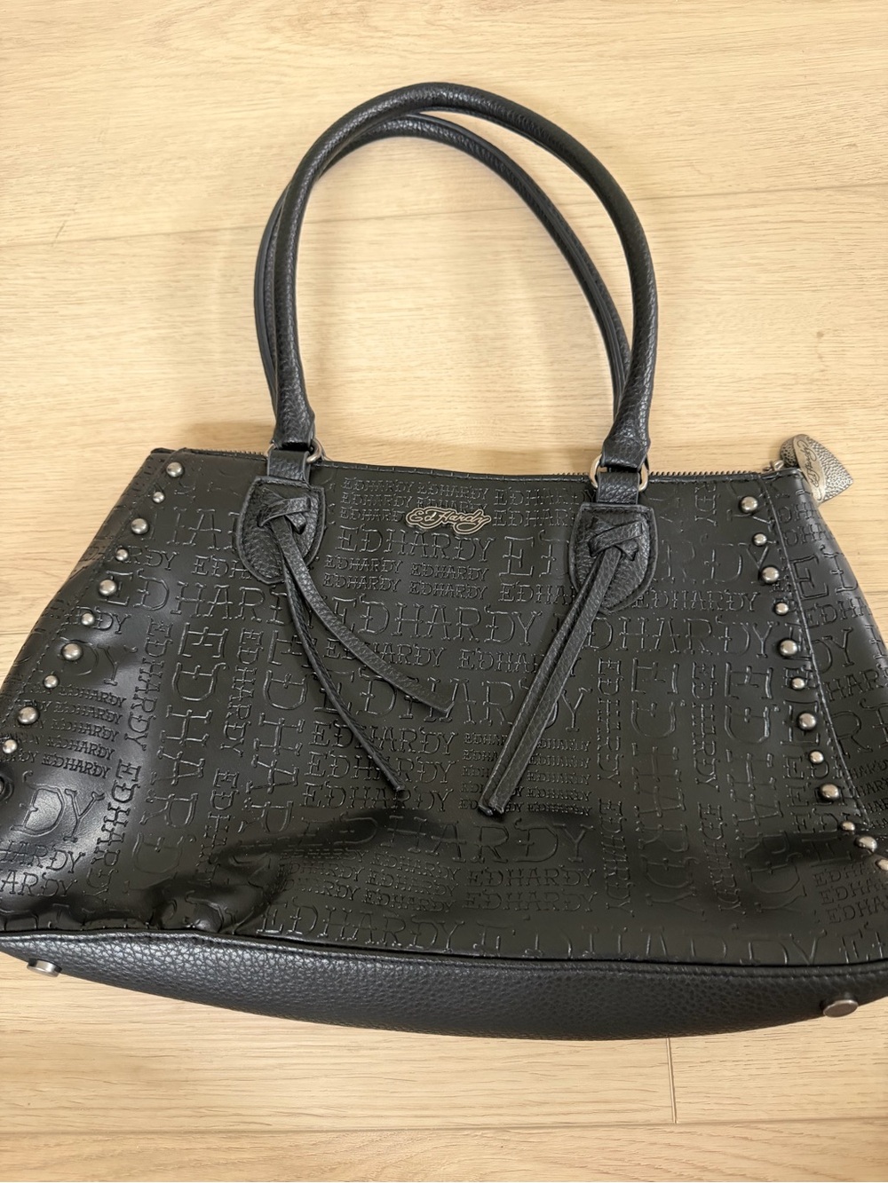 Ed Hardy Black Embossed Logo Shoulder Tote with Stud Accents